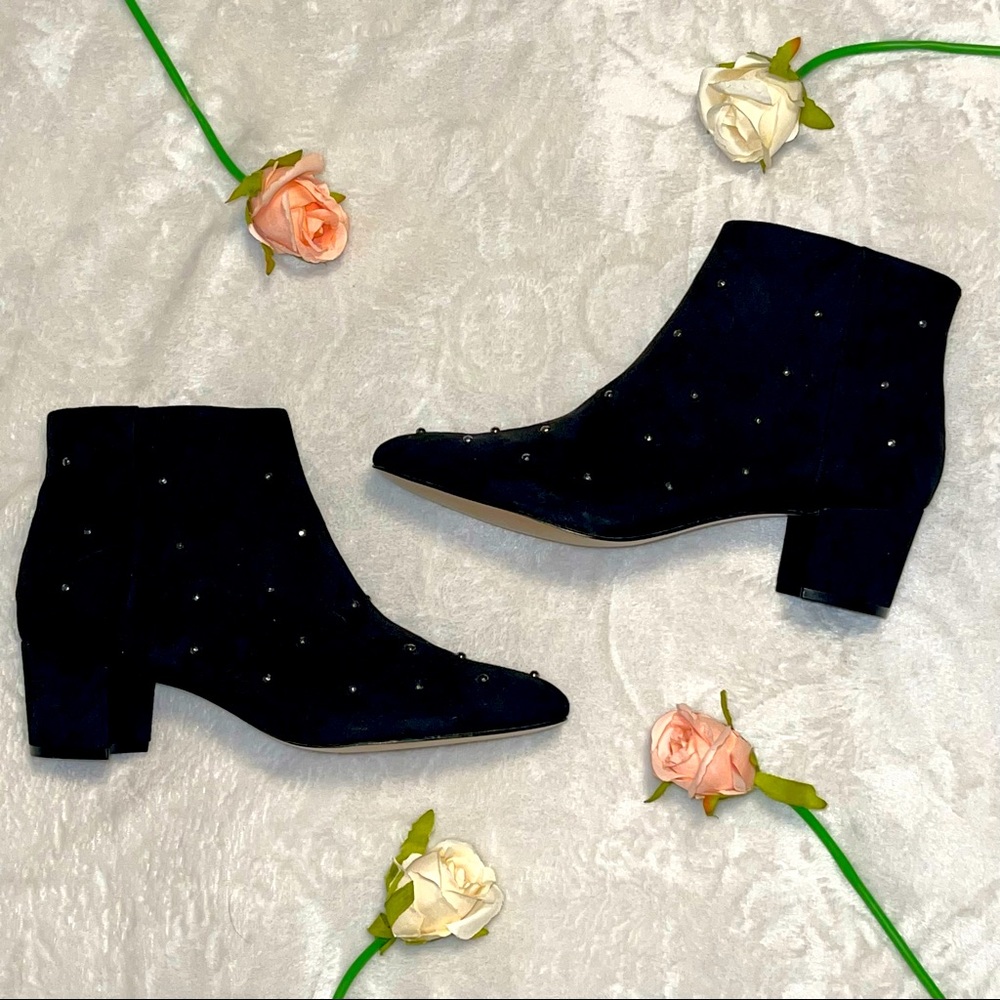NWOT Katy Perry Black Suede and Rhinestones Ankle Boots w/ Low Chunky Heel